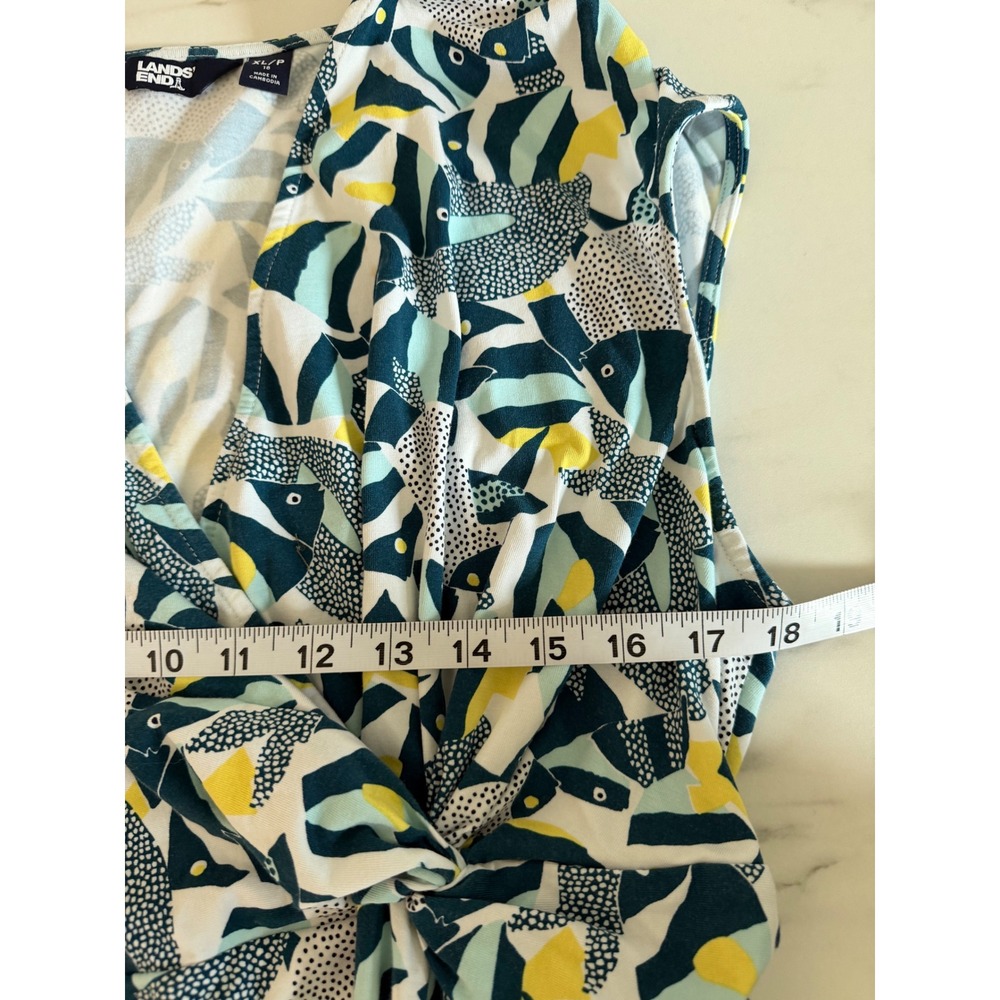 Lands End Womens XL 18 Petite Fish Print Faux Wrap Dress Sleeveless Teal Yellow - Picture 6 of 8
